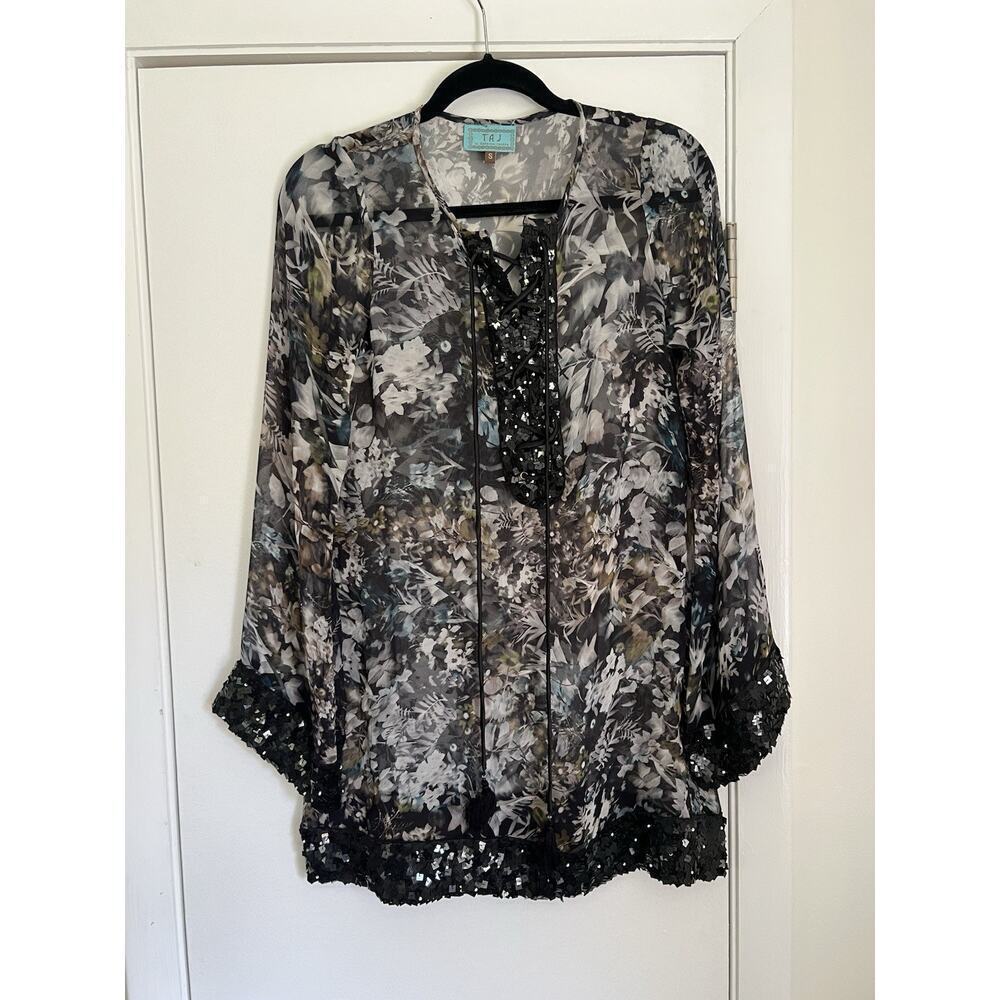 Taj By Sabrina Crippa Women’s Beaded Silk Floral Tunic Top Coverup lace up small